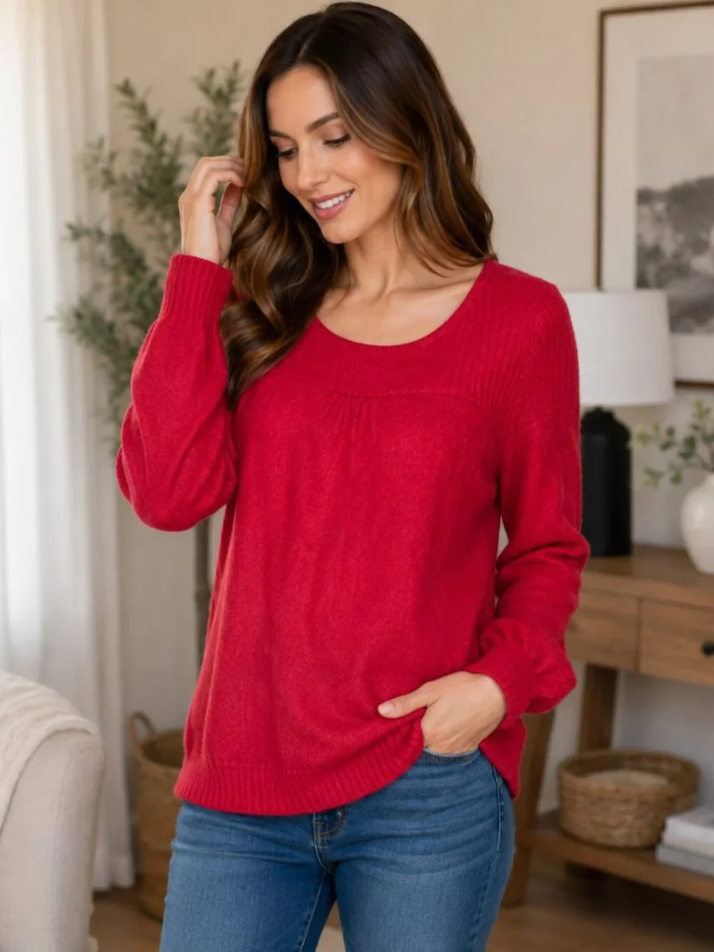 Worthington Red Metallic Knit Sweater L Scoop Neck Blouson Sleeve Holiday Top